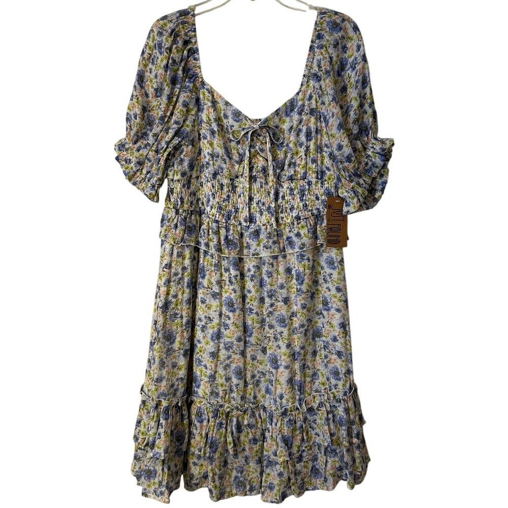 NWT Just Found Smocked Floral Knee-Length Dress Blue White Large